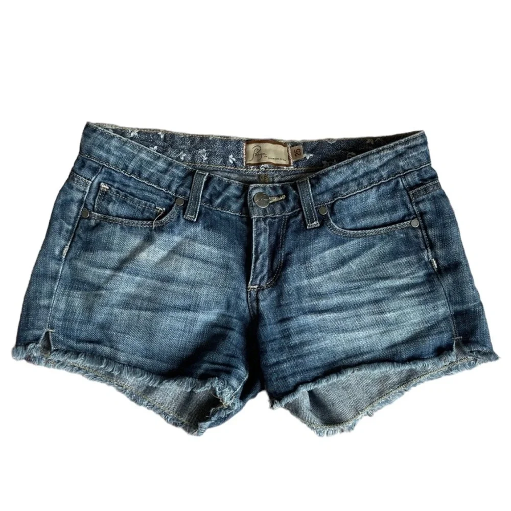 PAIGE Medium Wash Cut Off Raw Hem Jeans Shorts